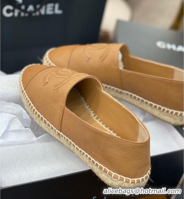 Good Quality Chanel CC Shiny Lambskin Espadrilles 031077 Light Brown