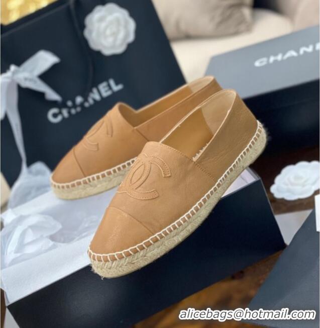 Good Quality Chanel CC Shiny Lambskin Espadrilles 031077 Light Brown