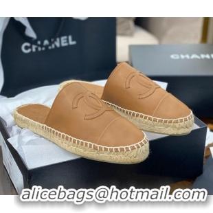 Super Quality Chanel CC Shiny Lambskin Espadrille Slide Sandals 031078 Light Brown