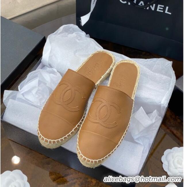 Super Quality Chanel CC Shiny Lambskin Espadrille Slide Sandals 031078 Light Brown