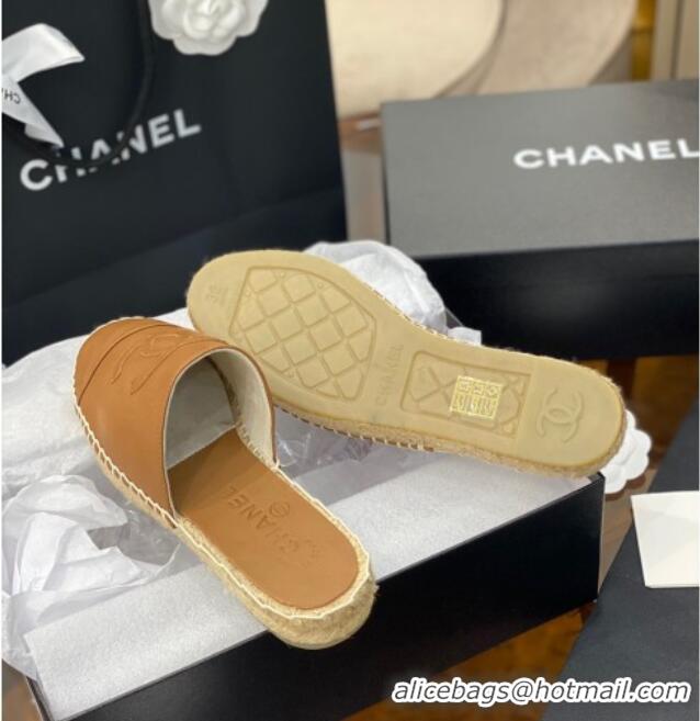 Super Quality Chanel CC Shiny Lambskin Espadrille Slide Sandals 031078 Light Brown