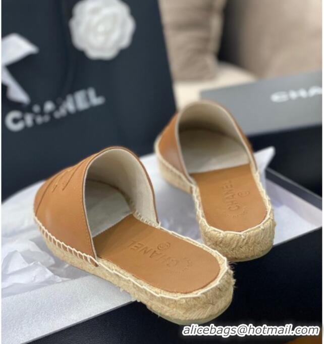 Super Quality Chanel CC Shiny Lambskin Espadrille Slide Sandals 031078 Light Brown