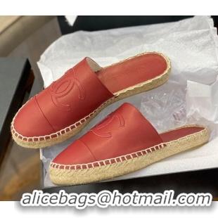 New Style Chanel CC Shiny Lambskin Espadrille Slide Sandals 031080 Red 2021