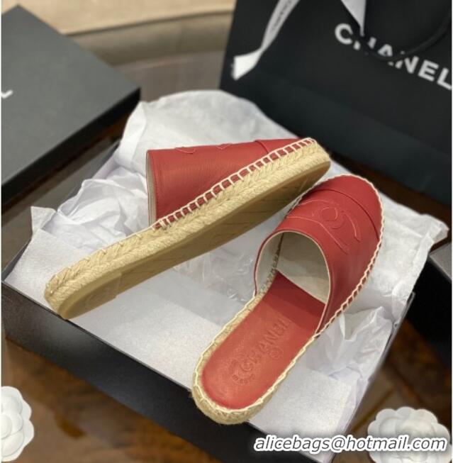 New Style Chanel CC Shiny Lambskin Espadrille Slide Sandals 031080 Red 2021