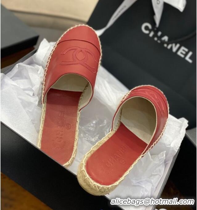 New Style Chanel CC Shiny Lambskin Espadrille Slide Sandals 031080 Red 2021