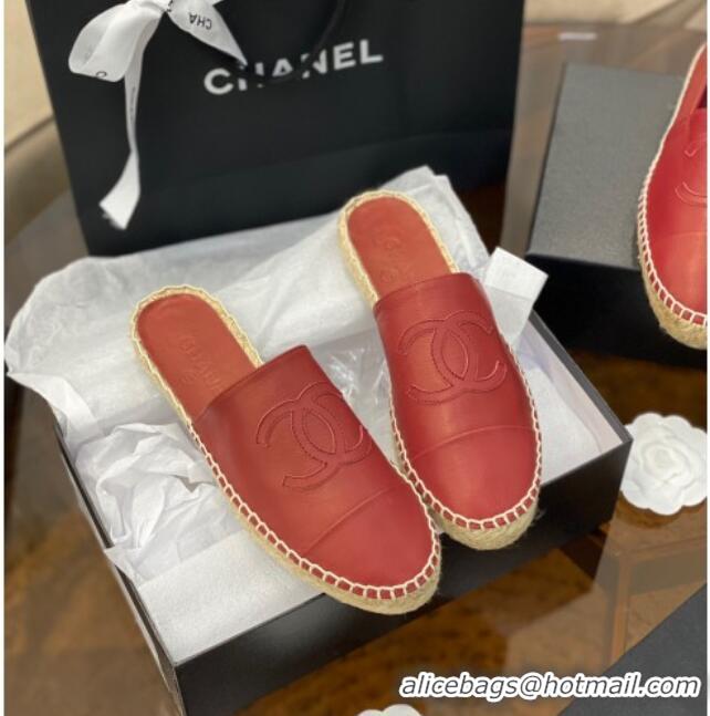 New Style Chanel CC Shiny Lambskin Espadrille Slide Sandals 031080 Red 2021