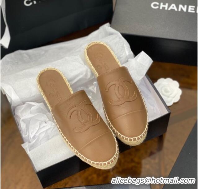 Good Product Chanel CC Shiny Lambskin Espadrille Slide Sandals 031082 Beige 2021