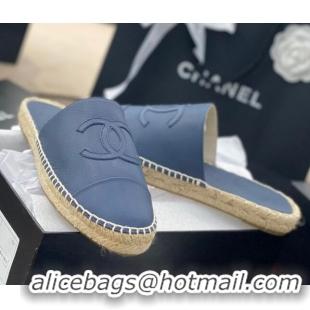 Cute Chanel CC Shiny Lambskin Espadrille Slide Sandals 031083 Blue 2021