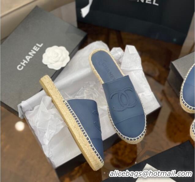 Cute Chanel CC Shiny Lambskin Espadrille Slide Sandals 031083 Blue 2021