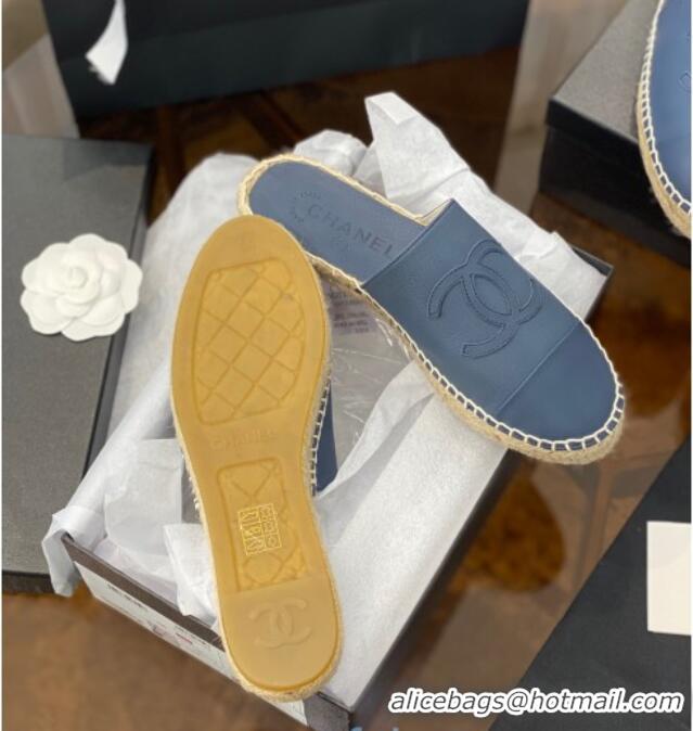 Cute Chanel CC Shiny Lambskin Espadrille Slide Sandals 031083 Blue 2021