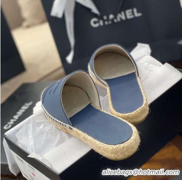 Cute Chanel CC Shiny Lambskin Espadrille Slide Sandals 031083 Blue 2021