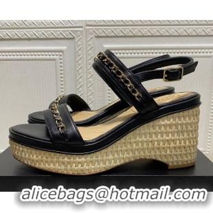 Top Design Chanel Calfskin Chain Wedge Sandals 031143 Black 2021