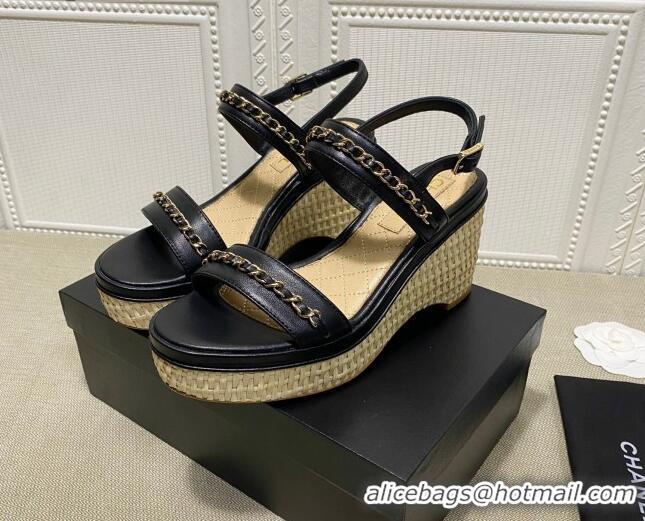 Top Design Chanel Calfskin Chain Wedge Sandals 031143 Black 2021