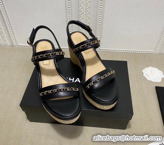 Top Design Chanel Calfskin Chain Wedge Sandals 031143 Black 2021