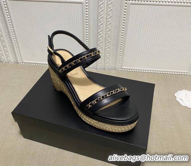 Top Design Chanel Calfskin Chain Wedge Sandals 031143 Black 2021