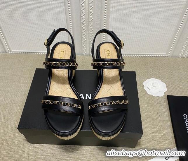 Top Design Chanel Calfskin Chain Wedge Sandals 031143 Black 2021