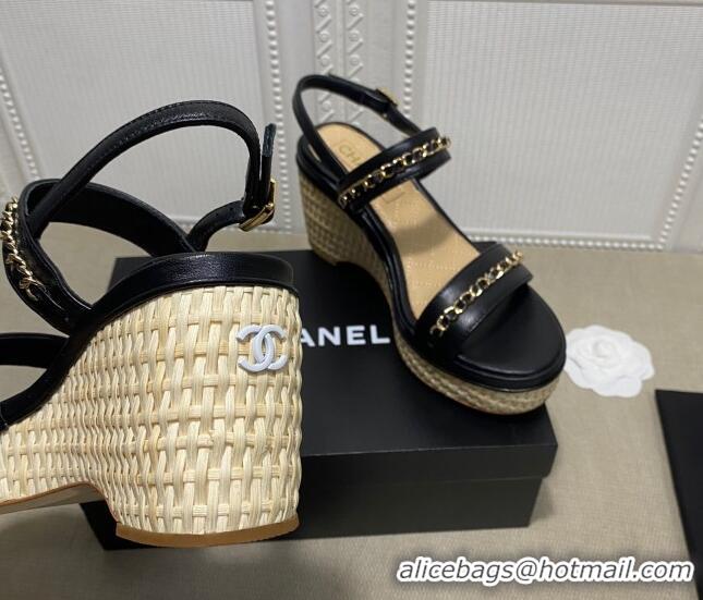 Top Design Chanel Calfskin Chain Wedge Sandals 031143 Black 2021