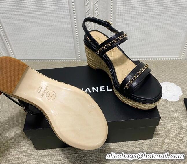 Top Design Chanel Calfskin Chain Wedge Sandals 031143 Black 2021