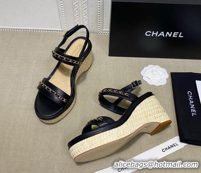 Top Design Chanel Calfskin Chain Wedge Sandals 031143 Black 2021