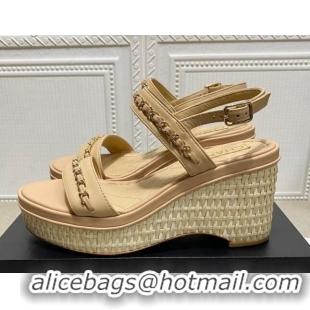 Luxury Cheap Chanel Calfskin Chain Wedge Sandals 031143 Nude 2021