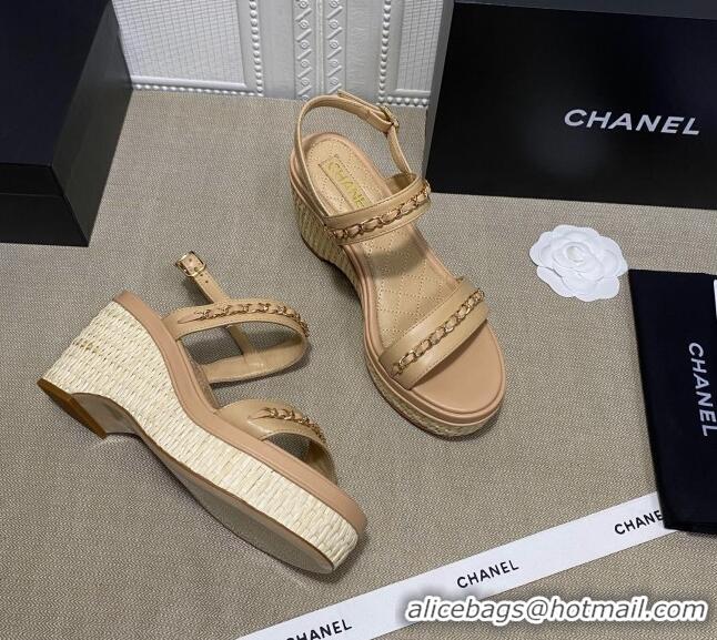 Luxury Cheap Chanel Calfskin Chain Wedge Sandals 031143 Nude 2021