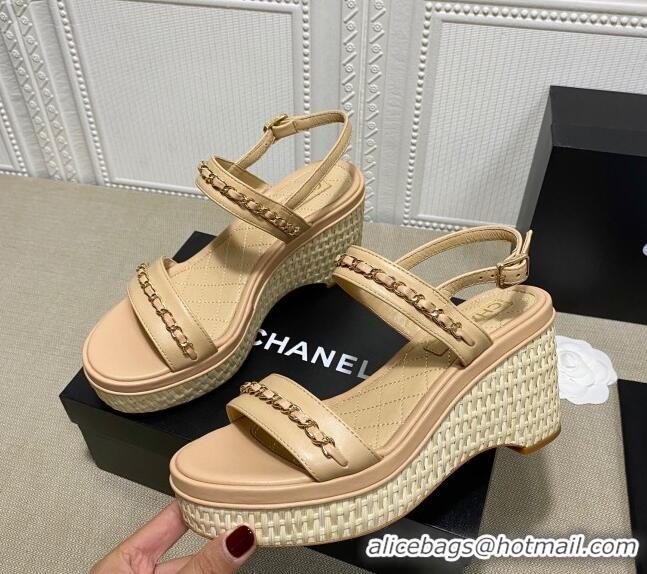 Luxury Cheap Chanel Calfskin Chain Wedge Sandals 031143 Nude 2021