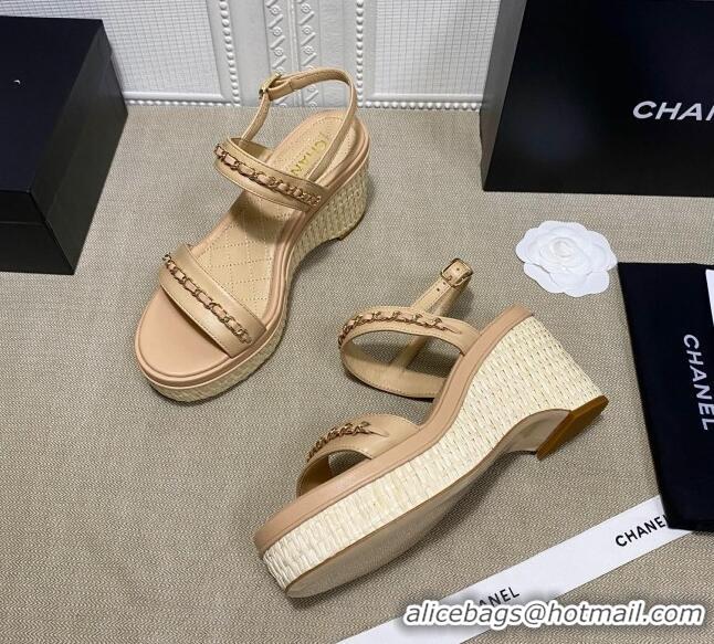 Luxury Cheap Chanel Calfskin Chain Wedge Sandals 031143 Nude 2021