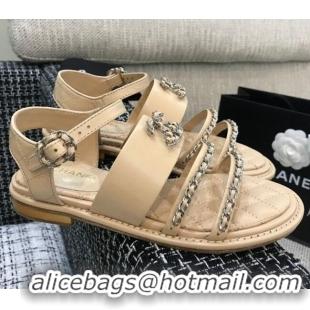 Popular Style Chanel Calfskin Chain Flat Sandals 031145 Nude 2021