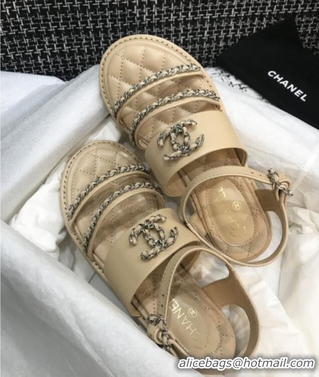 Popular Style Chanel Calfskin Chain Flat Sandals 031145 Nude 2021