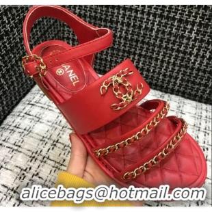 Lower Price Chanel Calfskin Chain Flat Sandals 031145 Red 2021