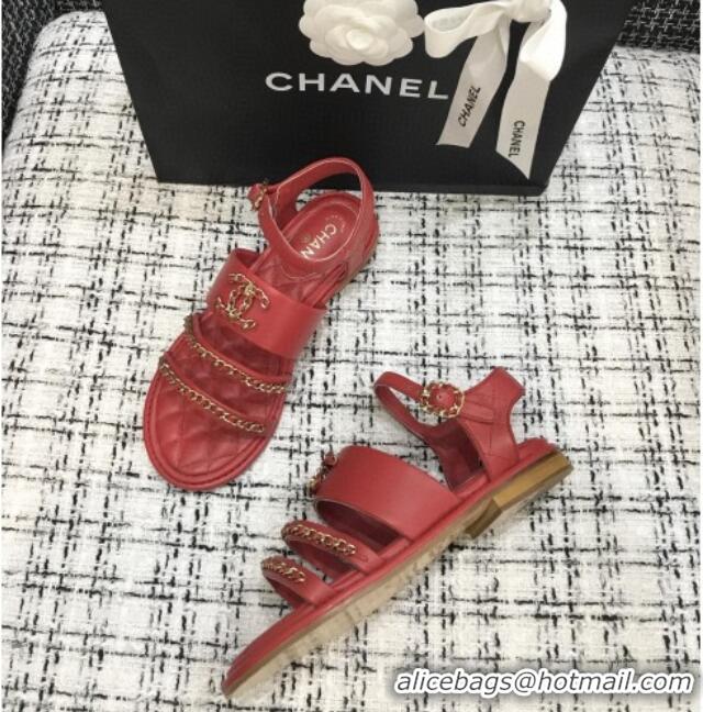 Lower Price Chanel Calfskin Chain Flat Sandals 031145 Red 2021