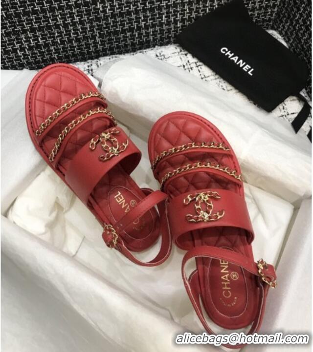 Lower Price Chanel Calfskin Chain Flat Sandals 031145 Red 2021