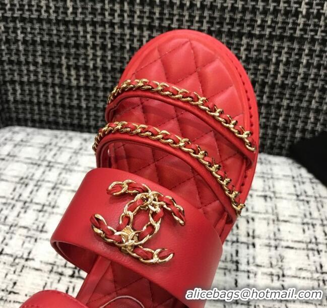 Lower Price Chanel Calfskin Chain Flat Sandals 031145 Red 2021