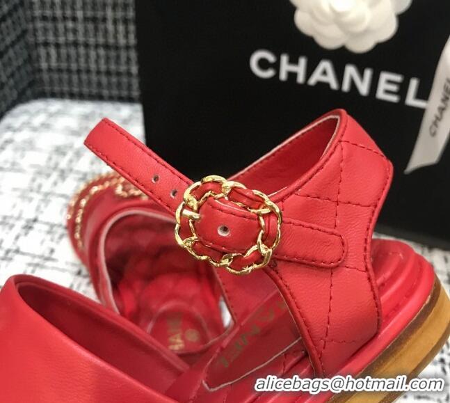 Lower Price Chanel Calfskin Chain Flat Sandals 031145 Red 2021