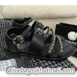 Best Product Chanel Calfskin Chain Flat Sandals 031145 Black 2021