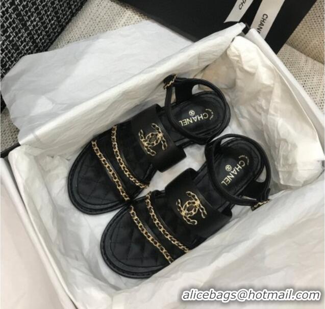 Best Product Chanel Calfskin Chain Flat Sandals 031145 Black 2021