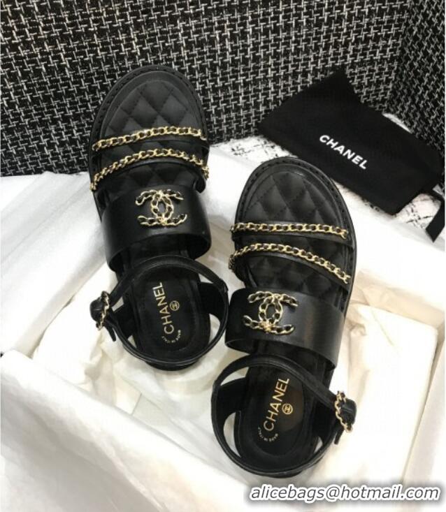 Best Product Chanel Calfskin Chain Flat Sandals 031145 Black 2021