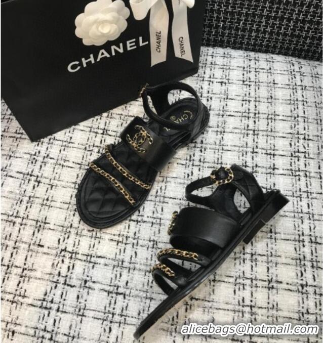 Best Product Chanel Calfskin Chain Flat Sandals 031145 Black 2021