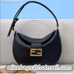 Buy Cheapest Fendi Small Croissant Leather Hobo Bag FD2205 Black 2021