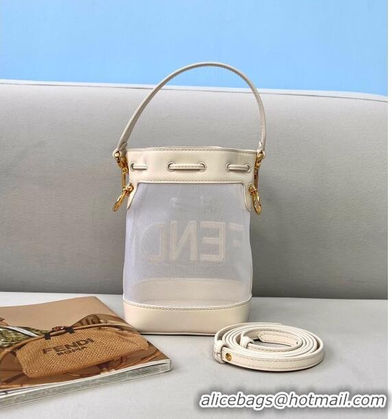 Top Grade Fendi Mon Tresor Mini Bucket Bag in FD2216 White Leather and Mesh 2021