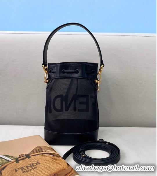 Famous Brand Fendi Mon Tresor Mini Bucket Bag in FD2216 Black Leather and Mesh 2021