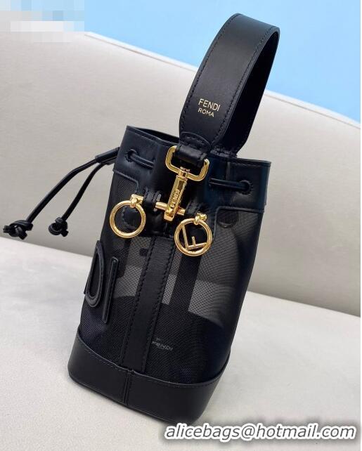 Famous Brand Fendi Mon Tresor Mini Bucket Bag in FD2216 Black Leather and Mesh 2021