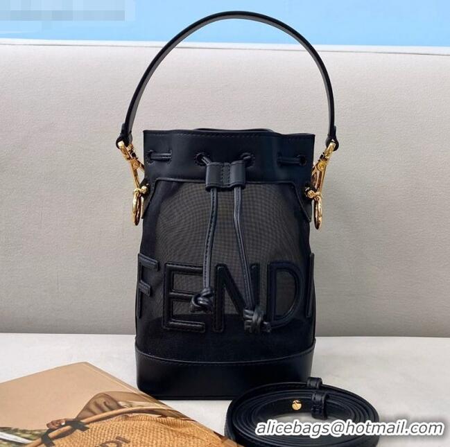 Famous Brand Fendi Mon Tresor Mini Bucket Bag in FD2216 Black Leather and Mesh 2021