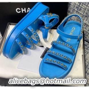 Sumptuous Chanel Calfskin Chain Strap Flat Sandals G37140 Blue 2021