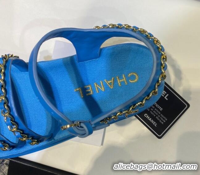 Sumptuous Chanel Calfskin Chain Strap Flat Sandals G37140 Blue 2021