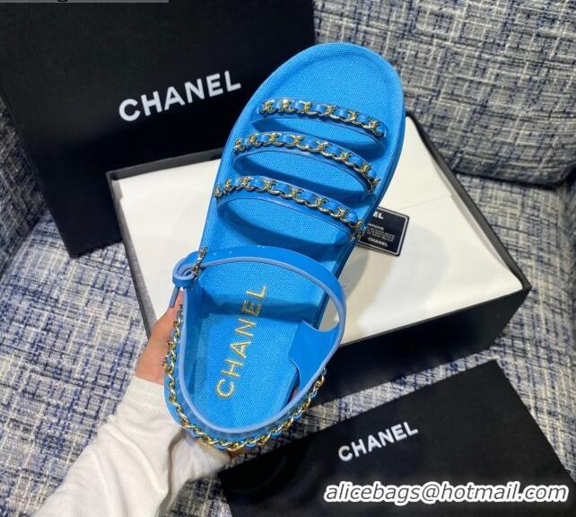 Sumptuous Chanel Calfskin Chain Strap Flat Sandals G37140 Blue 2021