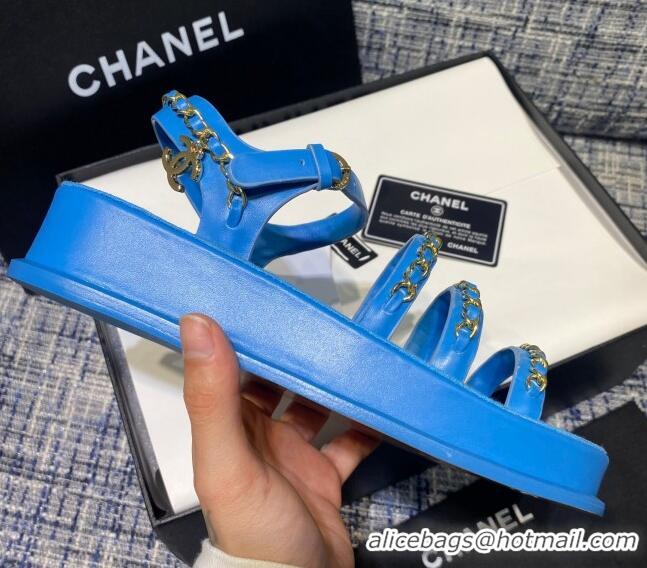 Sumptuous Chanel Calfskin Chain Strap Flat Sandals G37140 Blue 2021