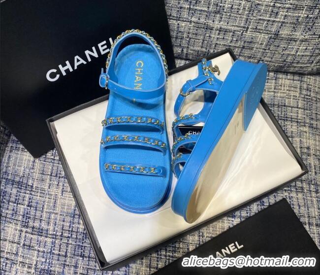 Sumptuous Chanel Calfskin Chain Strap Flat Sandals G37140 Blue 2021