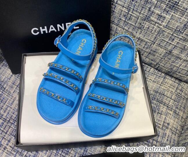 Sumptuous Chanel Calfskin Chain Strap Flat Sandals G37140 Blue 2021