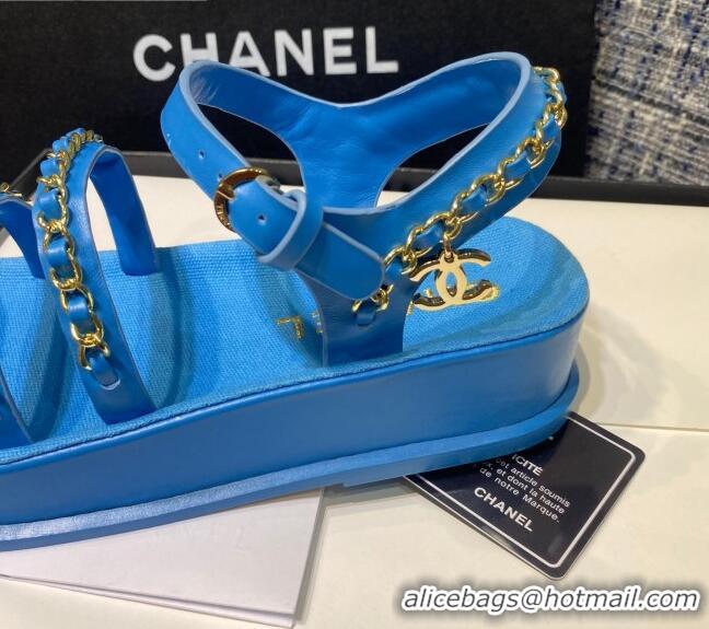 Sumptuous Chanel Calfskin Chain Strap Flat Sandals G37140 Blue 2021